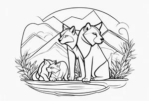 uma leoa, um leao e seus dois filhotes dentro de um retangulo tattoo idea