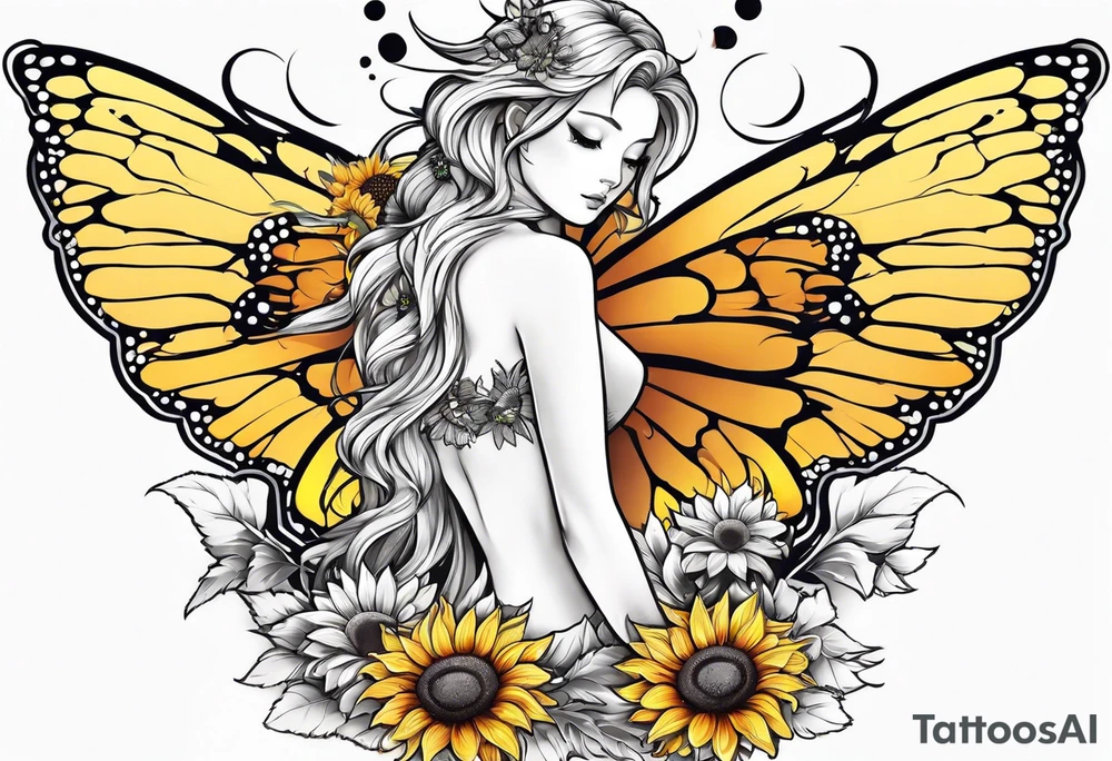 Sleeve with angel wings, sunflower and butterfly tattoo idea