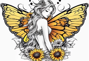 Sleeve with angel wings, sunflower and butterfly tattoo idea