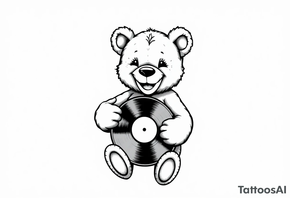 realistic smiling cartoon teddy bear holding a vinyl record tattoo idea