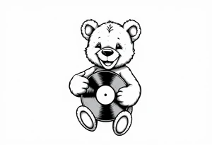 realistic smiling cartoon teddy bear holding a vinyl record tattoo idea