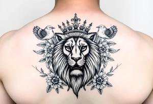 powerful majestic lion with a crown, surrounded by floral ornaments and birds tattoo idea