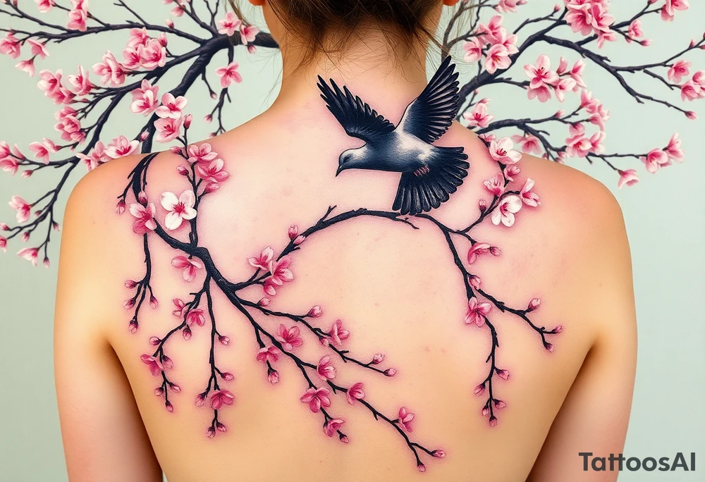 A big weeping, cherry blossom tree on the entire back, there are 2 doves. 1 is a baby Dove, flying into the sky. The second one is A Mom Dove hovering above the ground that’s turning black like she stained with grief. Goth romance 
These are the dates I want dainty in the heavily overflow of weeping cherry blossom branches and leaves March 31, 2024 – July 2, 2024 tattoo idea