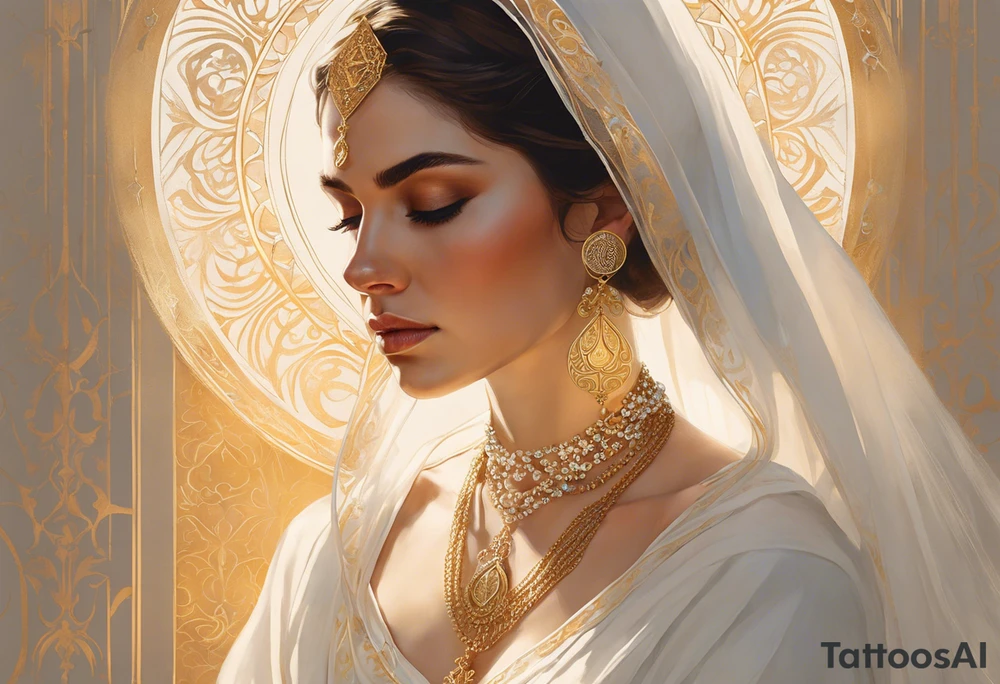 A serene and elegant portrait of a woman with a calm and angelic expression, wearing a delicate white veil, gold jewelry with intricate designs, and a pendant with a religious icon. The lighting is soft and warm, creating a painterly and ethereal effect, reminiscent of classical art holding a lamp in her hand tattoo idea