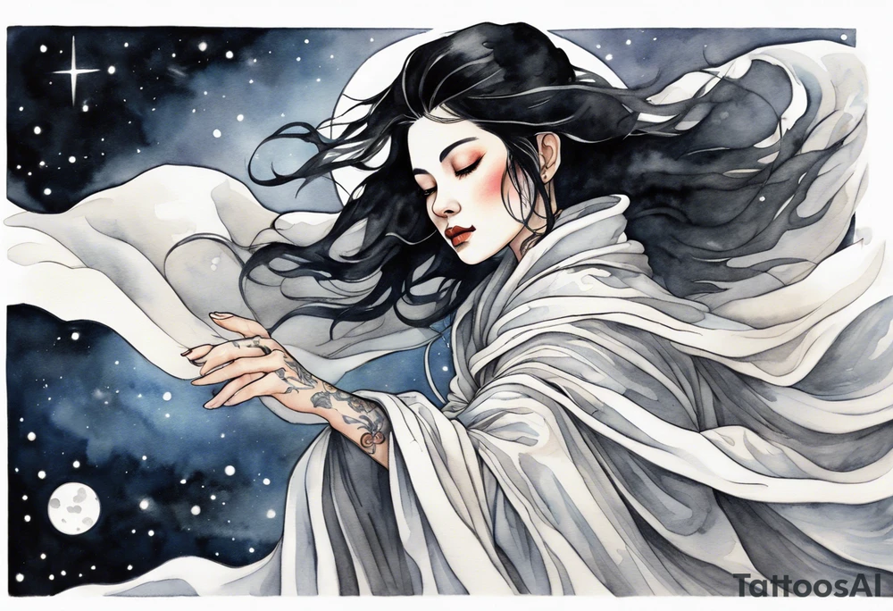 a middle aged woman with black hair with streak of white dressed in a black and silver cloak, floating in the night sky tattoo idea