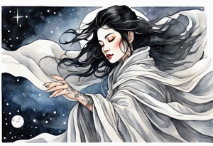 a middle aged woman with black hair with streak of white dressed in a black and silver cloak, floating in the night sky tattoo idea