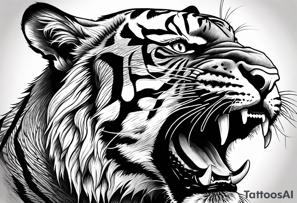 Photo Realism, highly detailed, Fierce tiger roaring tattoo idea