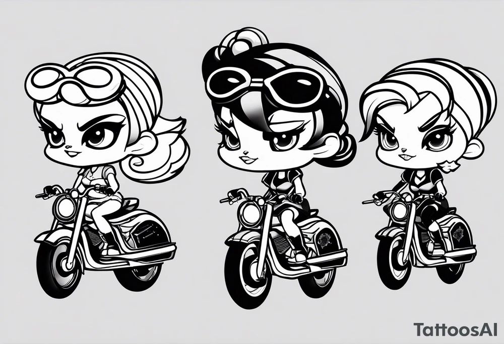 Power Puff Girls in 3 Variations one should be male and have a ascocaition zu motorcycle the 2 others should be female tattoo idea