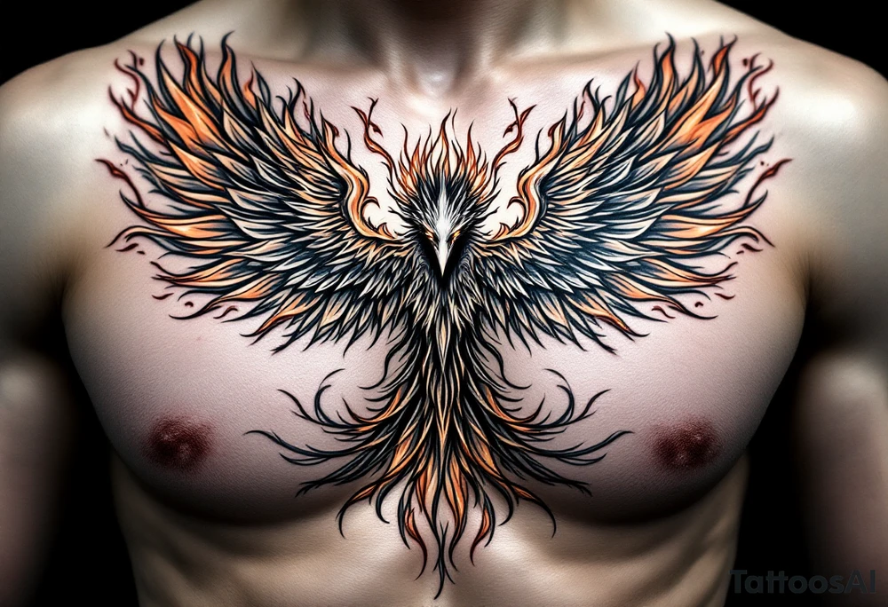 Realistic and symmetrical flaming Phoenix rebirth with spread wings in a down motion surrounded by fire mapped onto chest only. Phoenix head must be in the middle of the chest, straight and symmetrical. Fire should be surrounding spread wings
Wings should be spread down only on pectoral muscle around the nipples. tattoo idea