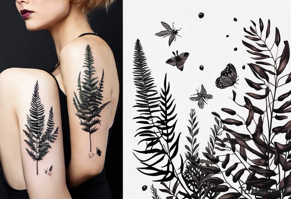 forest floor inspired minimalist tattoo, which includes grass, curly ferns, moss and dead leaves as the bulk of the tattoo. details to include: forest berries, a tiny bumblebee flying nearby, three small brown mushrooms
Generate a vertically long one tattoo idea