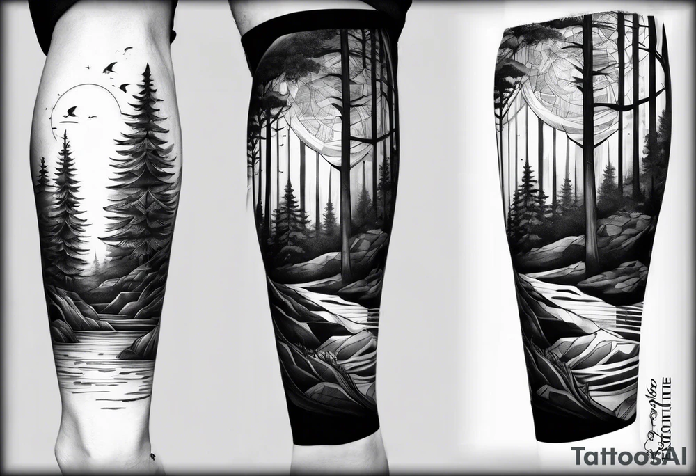 Forest ocean geometric male full leg sleeve tattoo idea