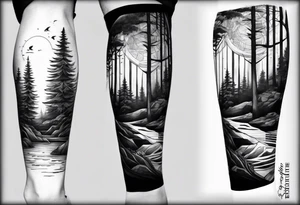 Forest ocean geometric male full leg sleeve tattoo idea
