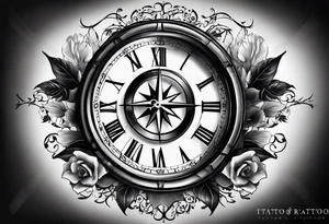 draw me a tattoo with an old clock and a compass rose. shadows of roman numerals are in the background. it is a tattoo located on the left shoulder of a man. it is black and white. tattoo idea