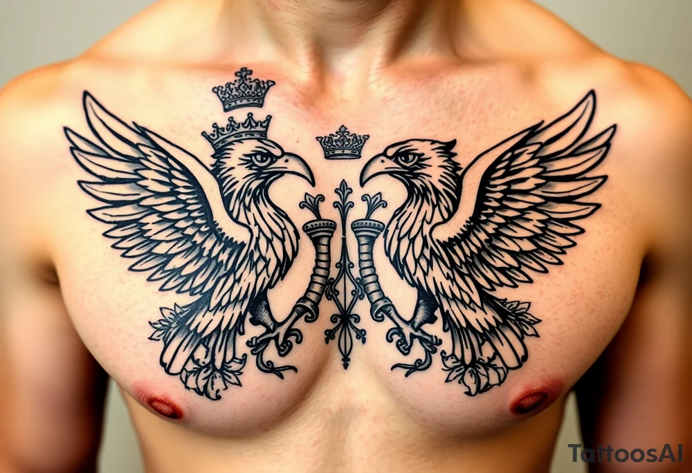 Chest tattoo,powerful two symetrical majestic eagles with a crowns, surrounded by floral ornaments and lure tattoo idea