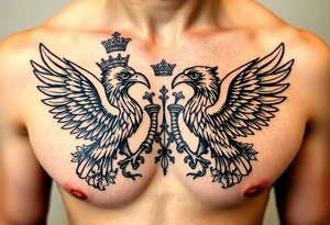 Chest tattoo,powerful two symetrical majestic eagles with a crowns, surrounded by floral ornaments and lure tattoo idea