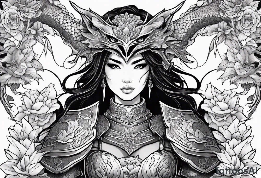 beautiful warrior woman wearing dragon armor and a floral background and a dragon a full picture tattoo idea