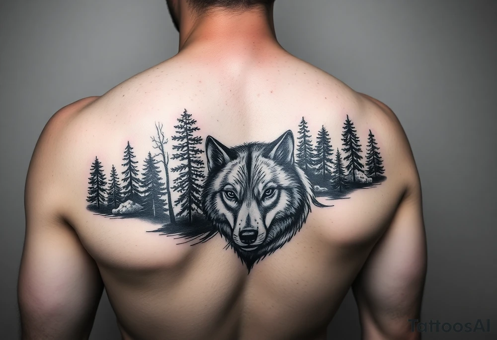 Night time forest scene arm sleeve with a wolf tattoo idea