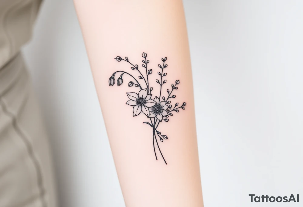 Bouquet of birth months flowers Lilly of the valley, daffodil, larkspur and Ilex aquifolium with berries tattoo idea