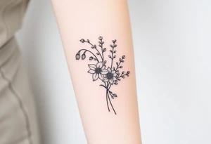 Bouquet of birth months flowers Lilly of the valley, daffodil, larkspur and Ilex aquifolium with berries tattoo idea