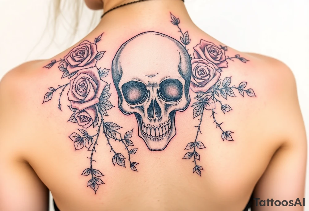 gothic skull intertwined with climbing roses and thorny vines tattoo idea
