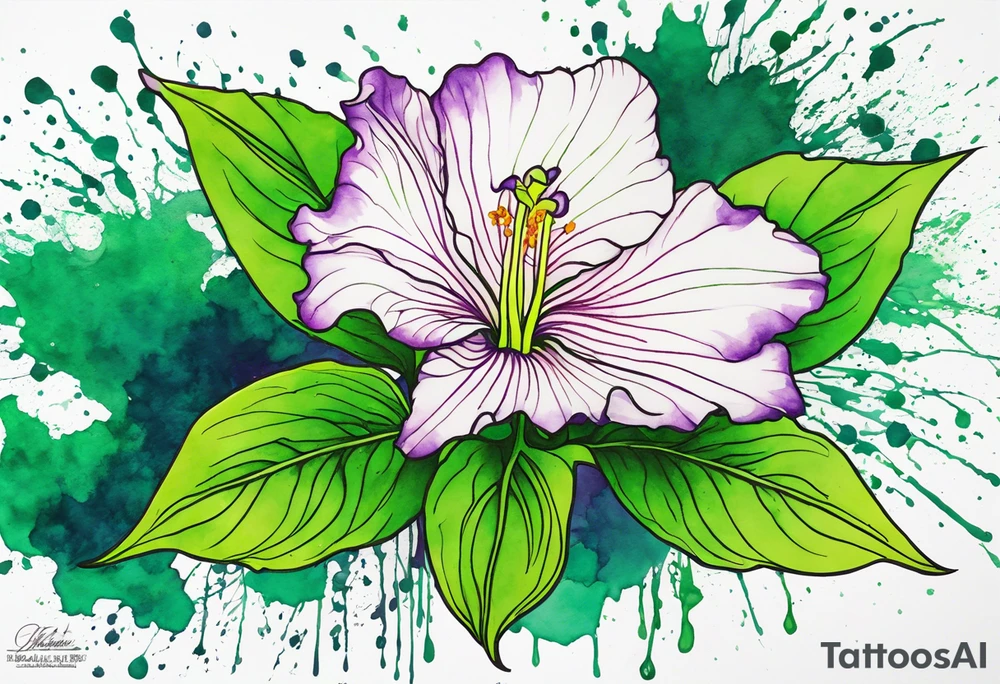 An outline of a green rio dipladenia flower and a green/purple watercolor splatter in the background tattoo idea