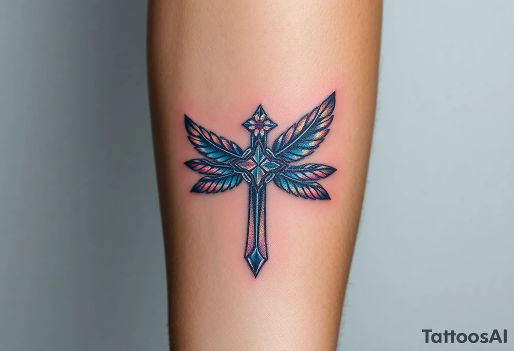 A glowing silver cross with floating feathers, each reflecting hints of pink, blue, and soft gold tattoo idea