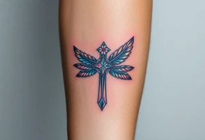 A glowing silver cross with floating feathers, each reflecting hints of pink, blue, and soft gold tattoo idea