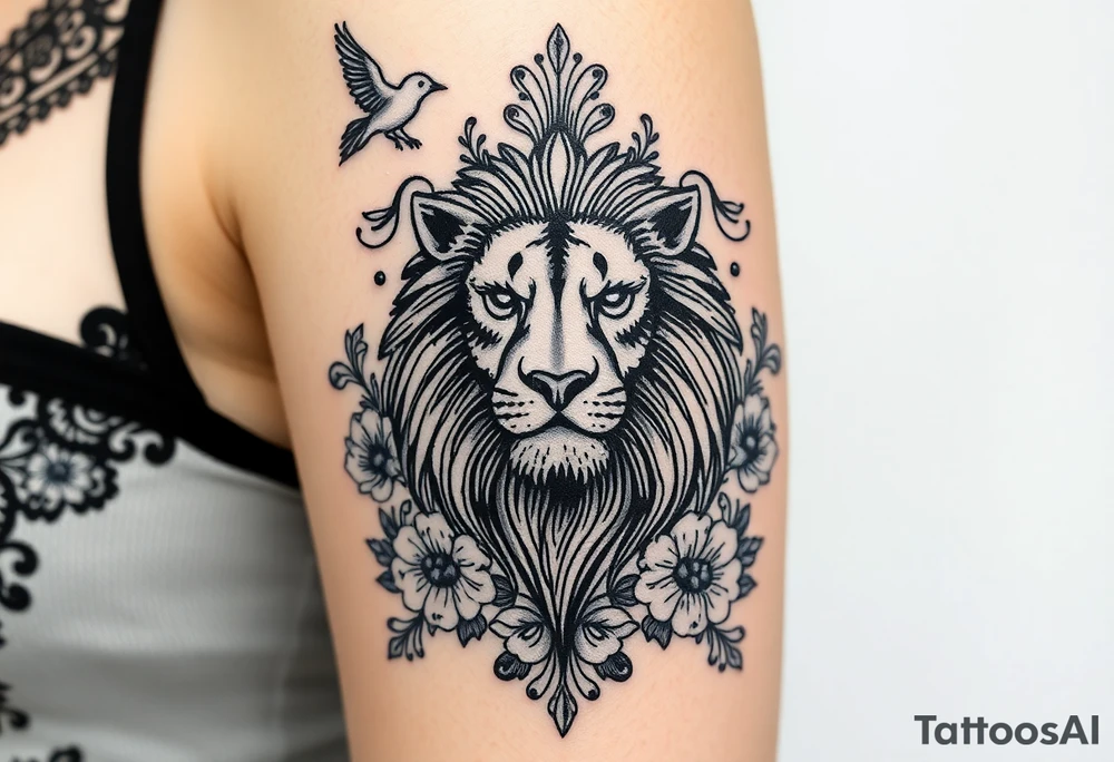 powerful majestic lion with a crown, surrounded by floral ornaments and birds tattoo idea