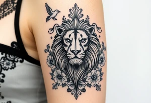 powerful majestic lion with a crown, surrounded by floral ornaments and birds tattoo idea