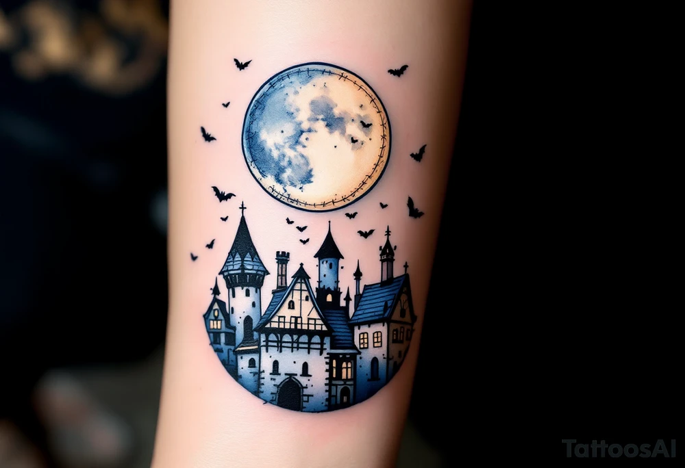 Tim Burton’s stitched moon hangs above crooked rooftops in navy and ivory, surrounded by drifting bats. tattoo idea