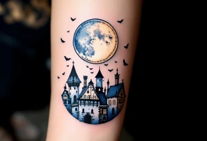 Tim Burton’s stitched moon hangs above crooked rooftops in navy and ivory, surrounded by drifting bats. tattoo idea