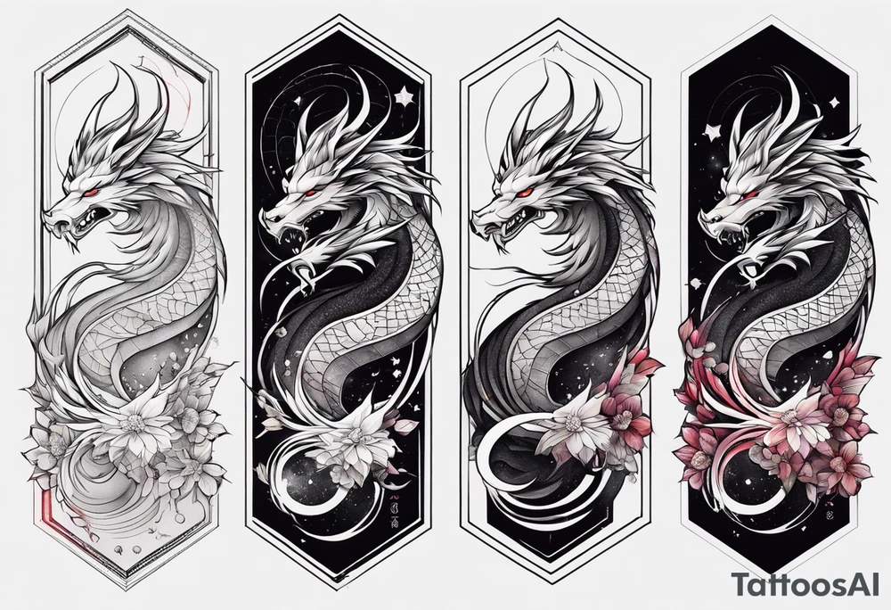 Full sleeve Tatoo that contains these elements 
Katana
Dragon
Samurai
Galaxy
Geometry ( like the golden ratio, lines, etc)
Waves
Sakura tattoo idea