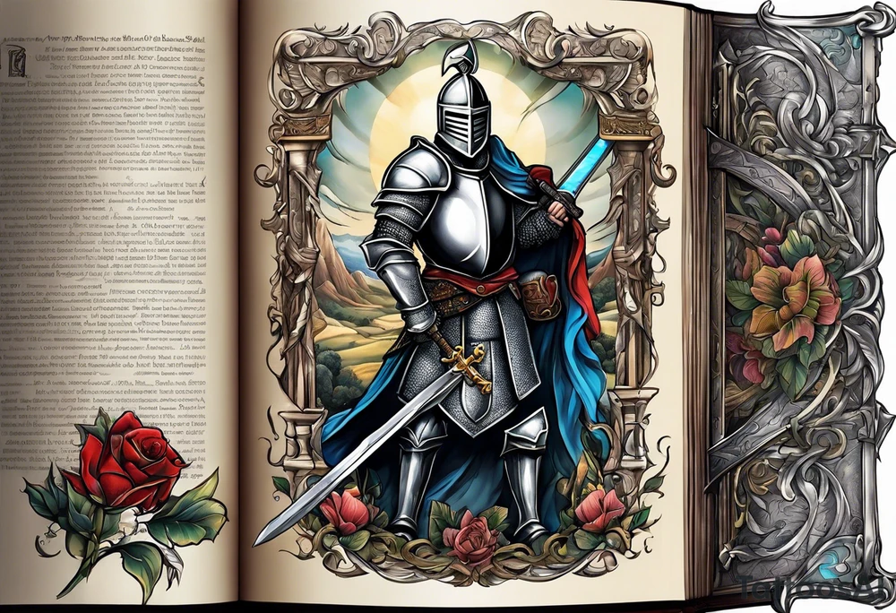 a knight pulling a sword out of an open bible tattoo idea