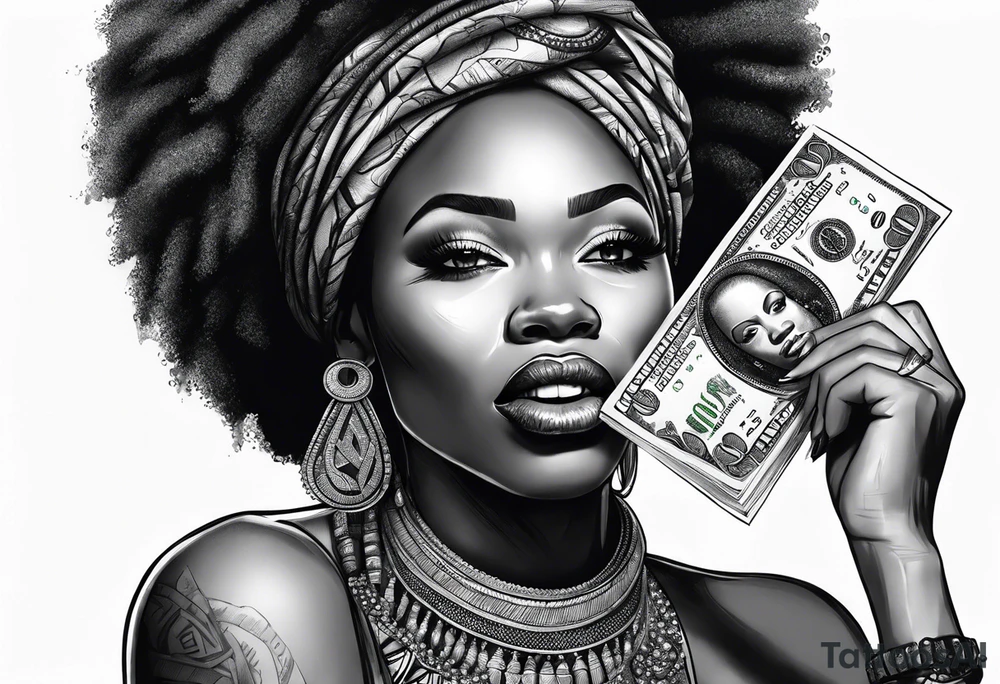 african woman biting money tattoo idea