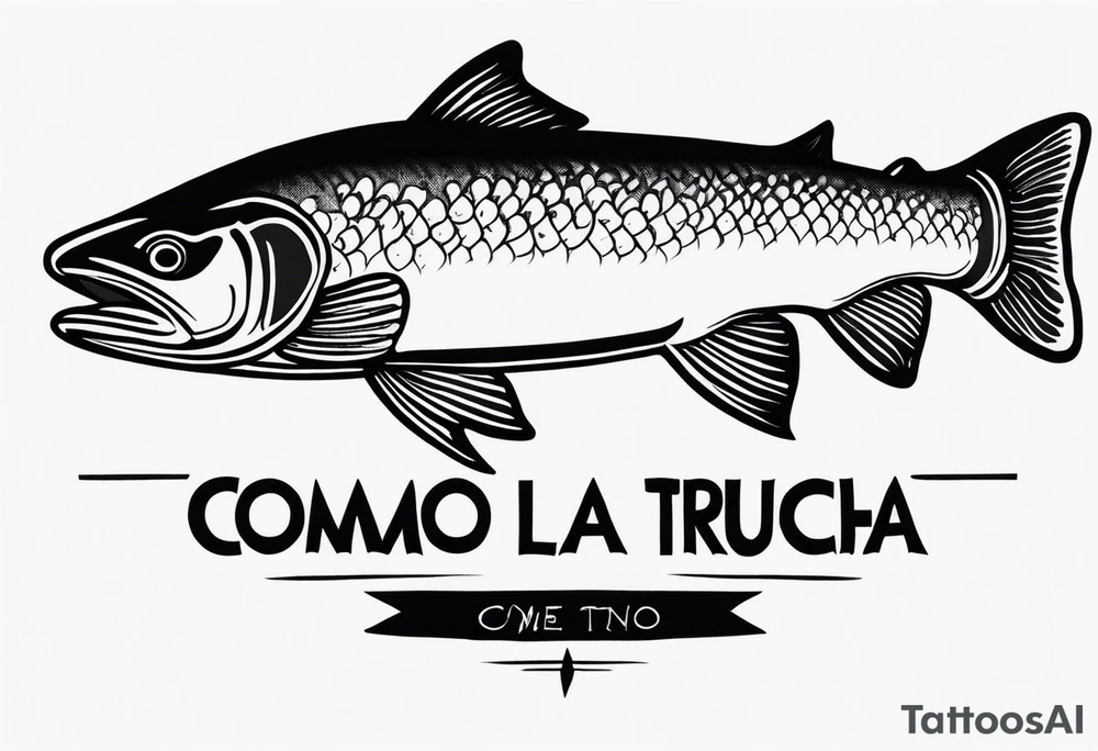 A small tattoo with a shaded trout and text that says, 'Como la trucha...' drawn with fine lines." tattoo idea
