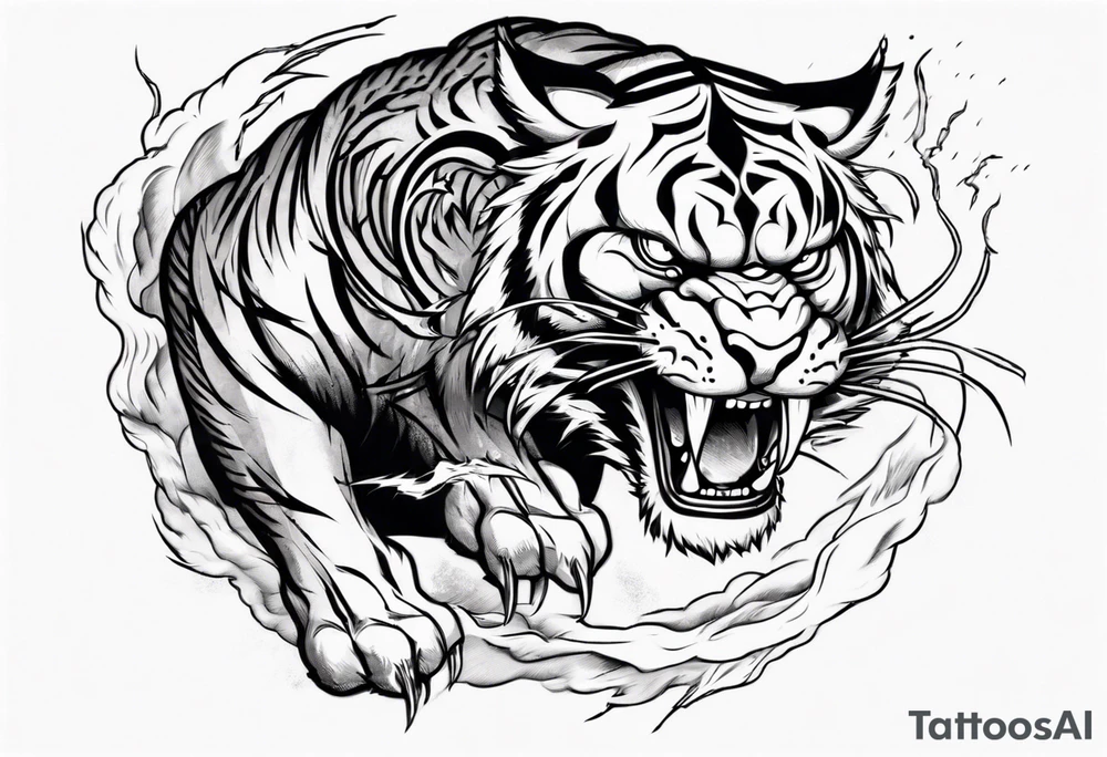 mythical ferocious tiger with lightning around it. The tattoo is for a forearm sleeve tattoo idea