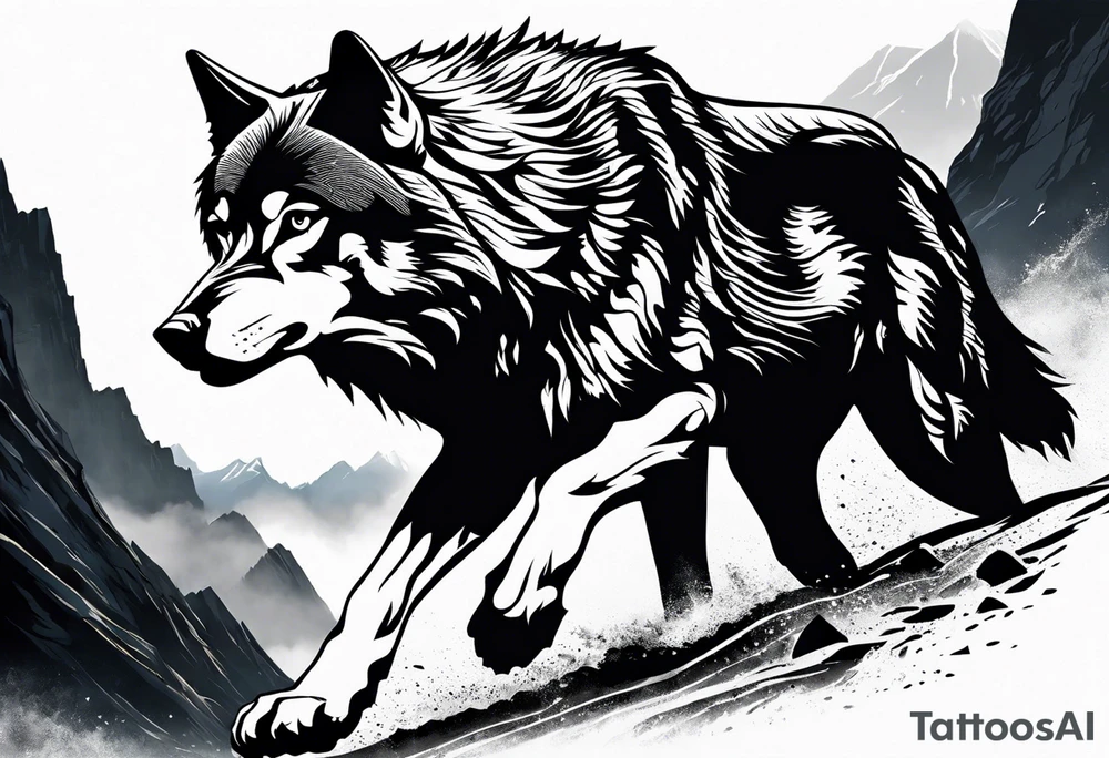 tattoo of a lone wolf navigating through a rugged landscape, with each obstacle representing a life battle – rocky terrain symbolizing challenges, storm clouds signifying hardships, and wild rivers representing struggles. The wolf is depicted with piercing eyes and a determined expression, embodying resilience and strength as it forges ahead. In the background, a subtle glow of sunlight breaks through the clouds, symbolizing hope and perseverance. Alongside the wolf, the phrase "Endure and Conquer" is inscribed in bold, minimalist lettering, encapsulating the theme of overcoming adversity with resilience and determination. tattoo idea
