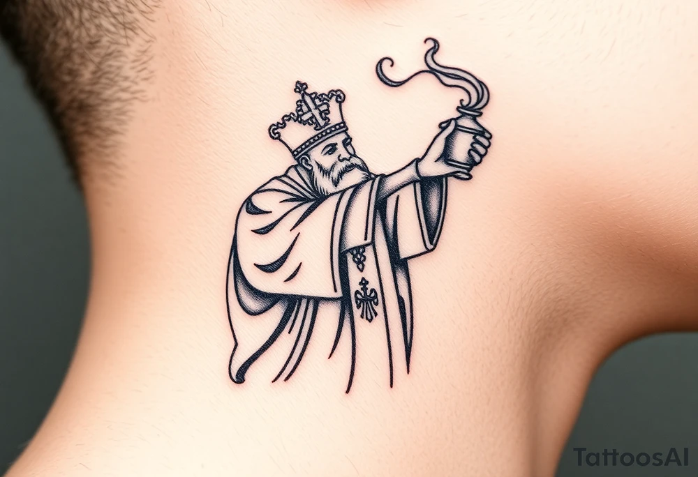 Russian Orthodox Priest in a fully detailed gold vestment swinging a censer with smoke curling upward tattoo idea