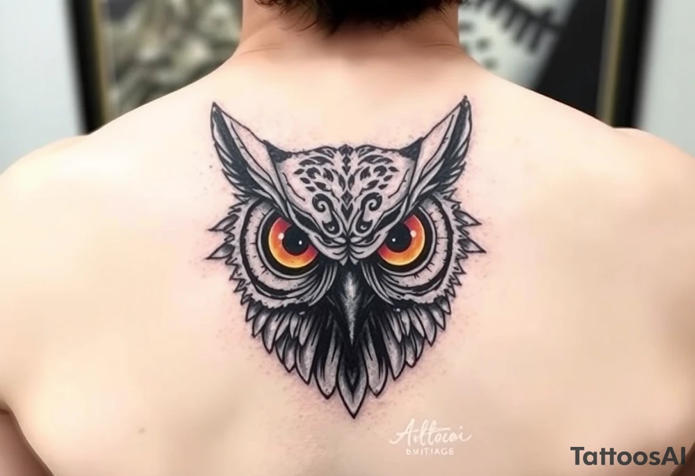 Abstract large colored tripping eye owl head tattoo idea
