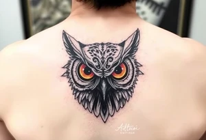 Abstract large colored tripping eye owl head tattoo idea