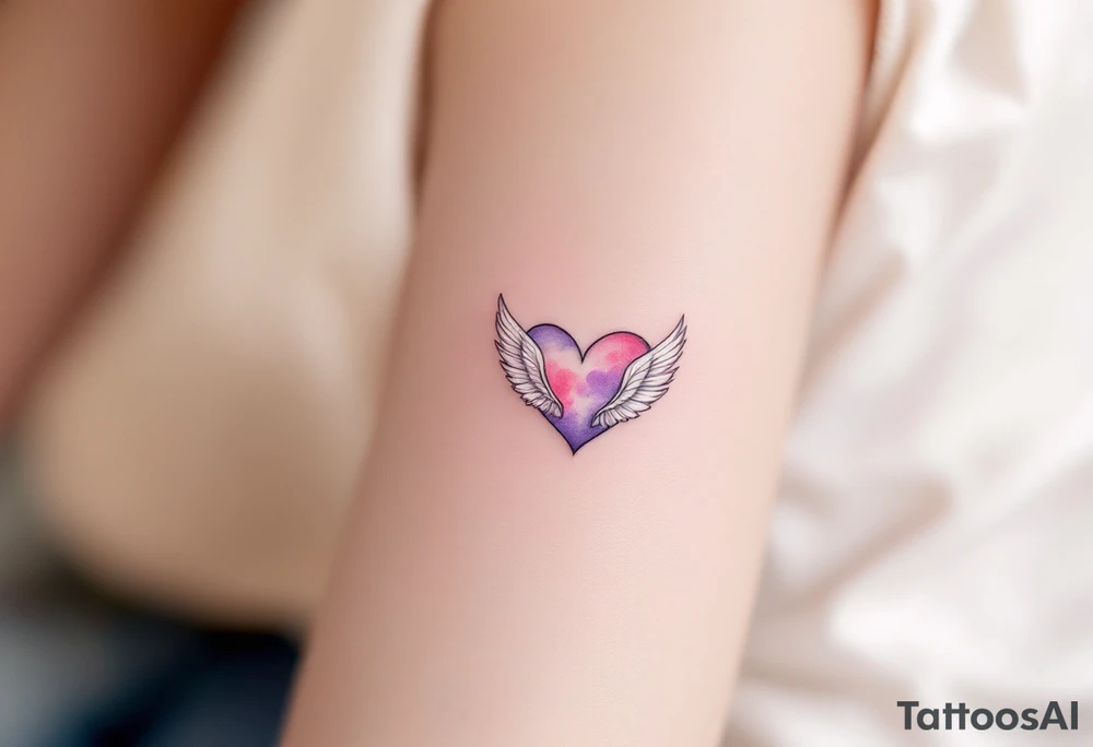 Watercolor Heart with Feathered Wings – A soft watercolor-painted heart in shades of pink and purple with delicate white feathered wings. The wings are light and airy, representing freedom and love. tattoo idea
