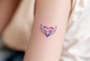 Watercolor Heart with Feathered Wings – A soft watercolor-painted heart in shades of pink and purple with delicate white feathered wings. The wings are light and airy, representing freedom and love. tattoo idea