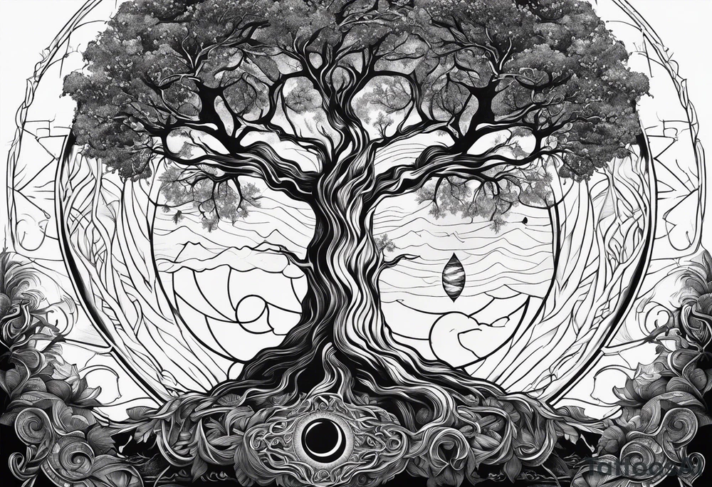 Tree with deep roots, the tree is holding the sun and the moon tattoo idea Tree with deep roots, the tree is holding the sun and the moon tattoo idea