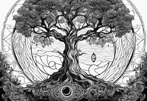 Tree with deep roots, the tree is holding the sun and the moon tattoo idea