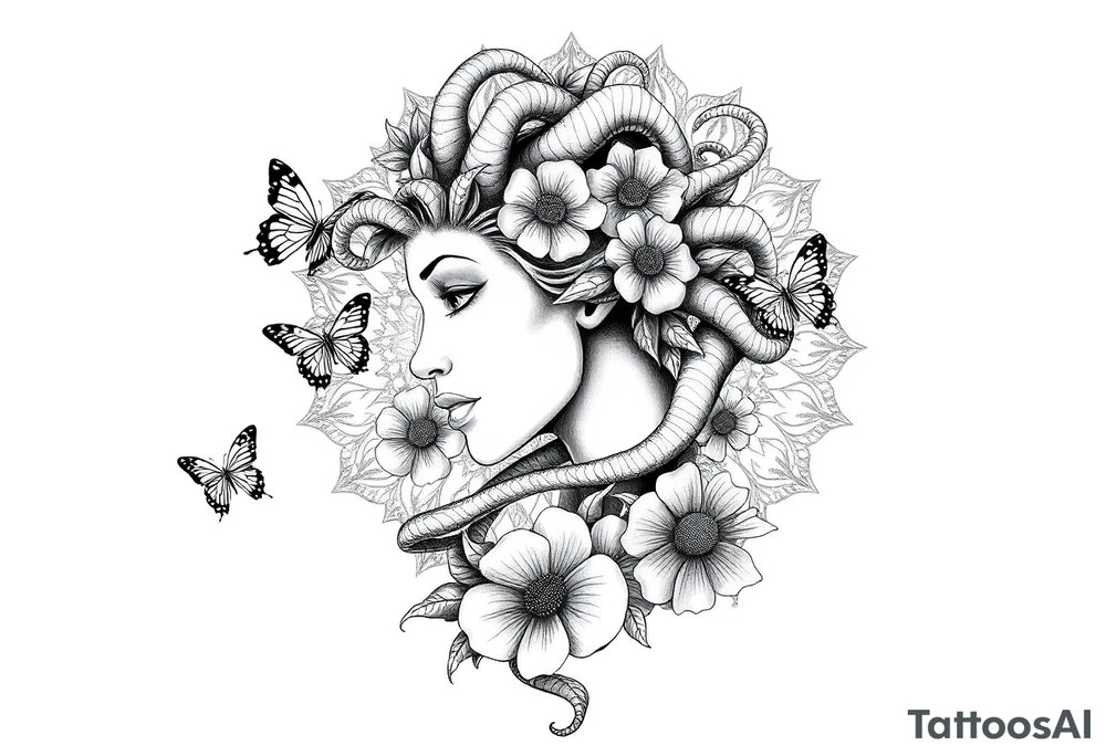 Side portrait of Medusa with flowers, butterflies 
and mandala background tattoo idea