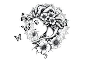 Side portrait of Medusa with flowers, butterflies 
and mandala background tattoo idea
