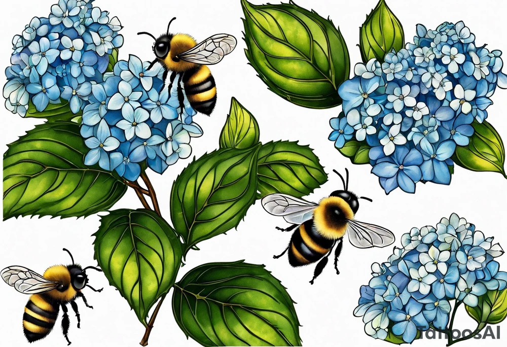 Small tattoo. There’s a hydrangea and a bee but they are not touching. Make the bee smaller than the hydrangea and have the bee off to the side. Bee is smaller than the hydrangea tattoo idea