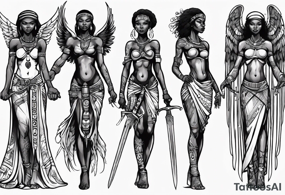 African female full body angel
slim face holding out sword in both hands tattoo idea
