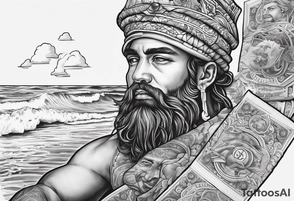 God on top representing god over everything, lower on the leg show things like money, drinking, something beachy, cards tattoo idea