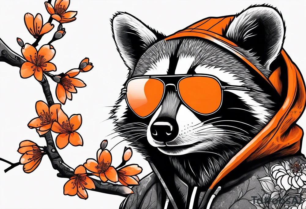 raccoon wearing a black and white Superman hoodie and orange Japanese cherry blossoms tattoo idea